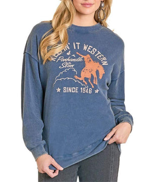This cozy, blue crewneck sweatshirt features a bold, screen-printed graphic on the front that proudly displays "KEEPIN' IT WESTERN".