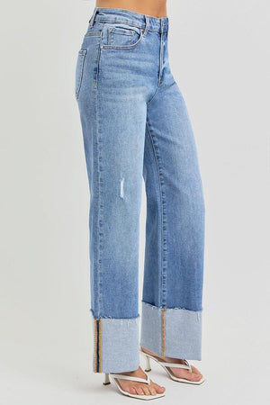 High Rise Ankle Wide Cuffed Jeans