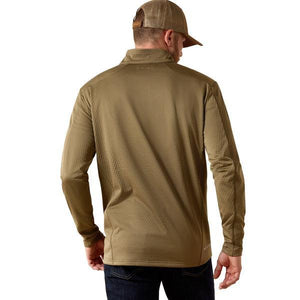 Man wearing a dusky green quarter-zip pullover