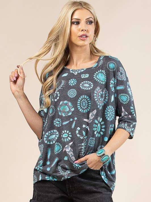 Turquoise Print Dolman Sleeve Top