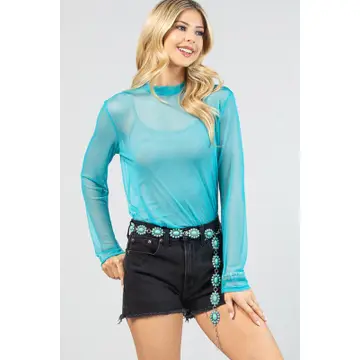 GEMMA Solid Semi Sheer Mock Neck Mesh Top