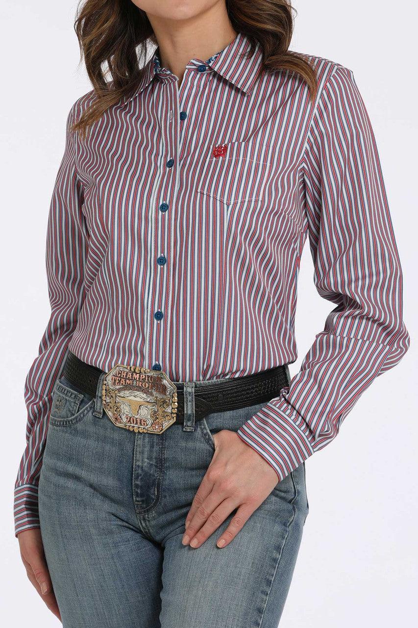Cinch Ladies Red, White, & Blue Striped Tencel Button Down Shirt