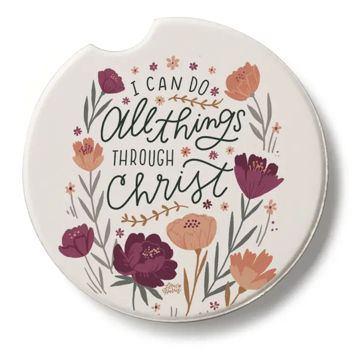 Car coaster with floral design and motivational quote on a white background