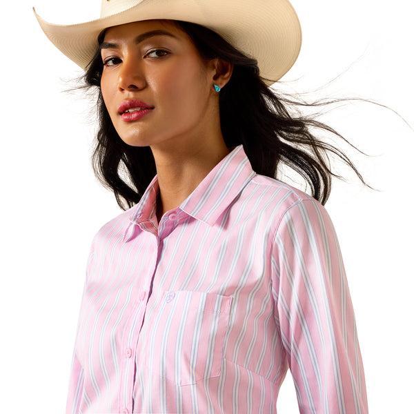 Pink and lavendar striped long sleeve button down shirt