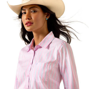 Pink and lavendar striped long sleeve button down shirt