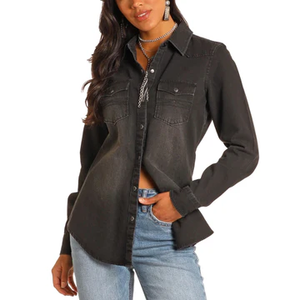 Rock&Roll Cowgirl Ladies Black Denim Long Sleeve Shirt
