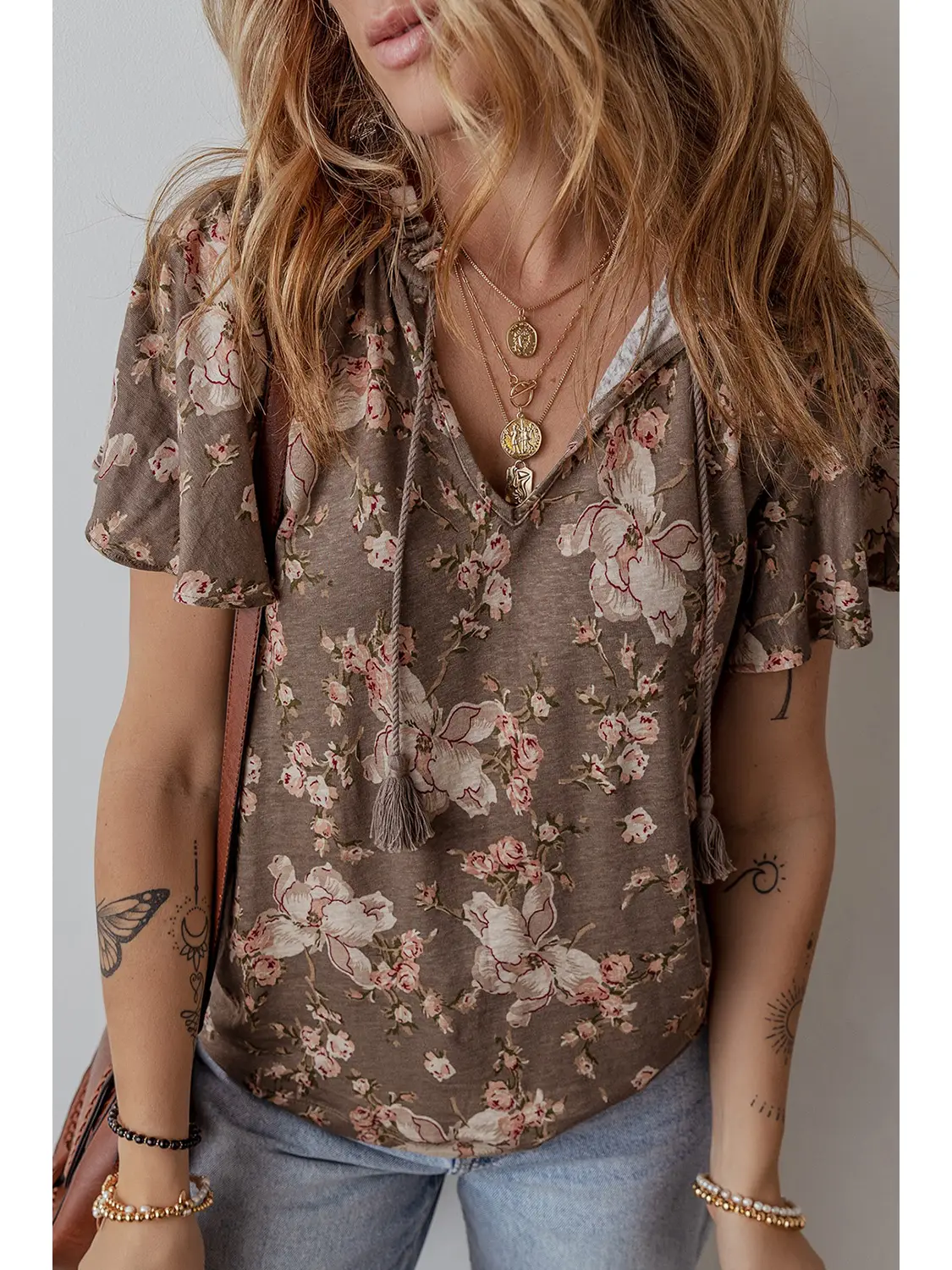 Retro Floral Print Tassel Tie Split Neck Short Sleeve Blouse