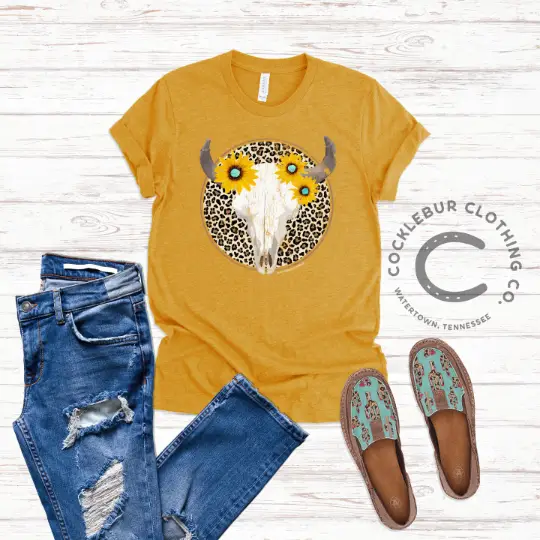 Sunflowers & Buffalo Skull Distressed Tee
