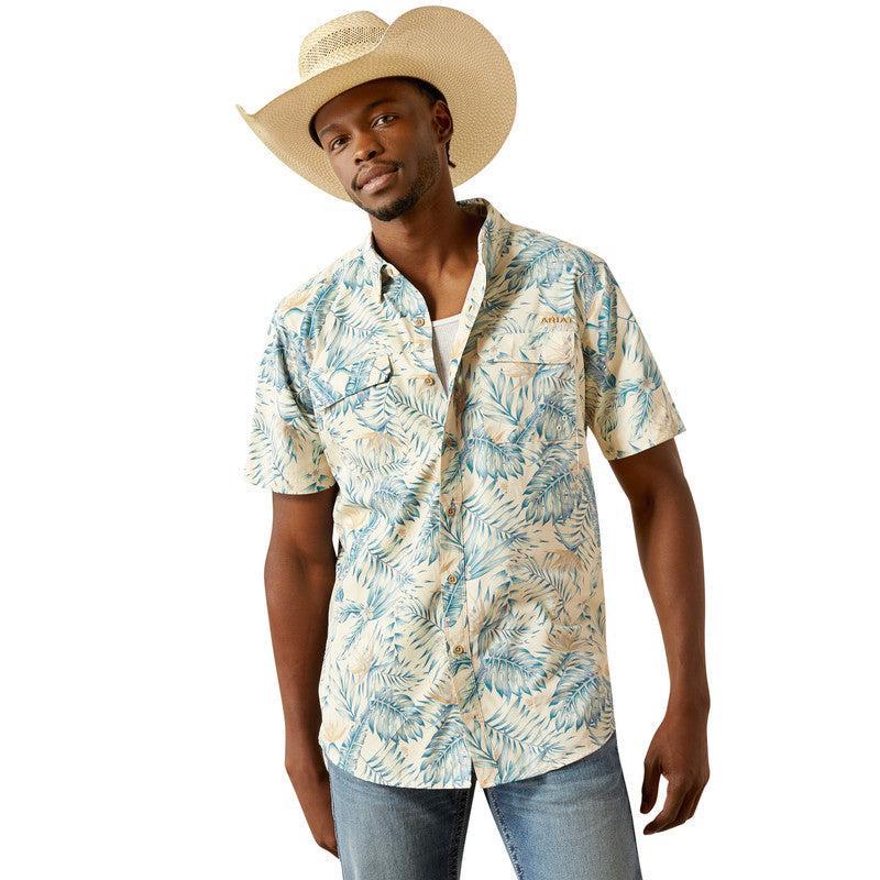 Short Sleeve Button-Up Palm Leaf Shirt: 