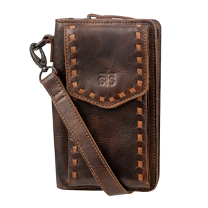 A brown leather phone pouch with a front flap pocket, decorative contrast stitching, an embossed 'SIS' logo, and an adjustable shoulder strap with a metal clasp, shown on a plain white background.