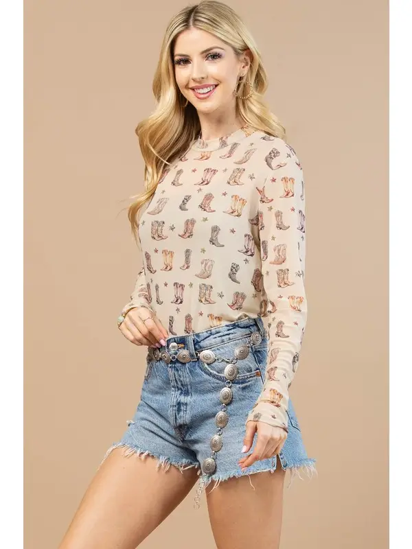 ANGIE Western Boots Print Semi Sheer Mesh Top
