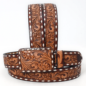 Two-Tone Tooled Leather Belt with Whipstitch Edge and Matching Buckle