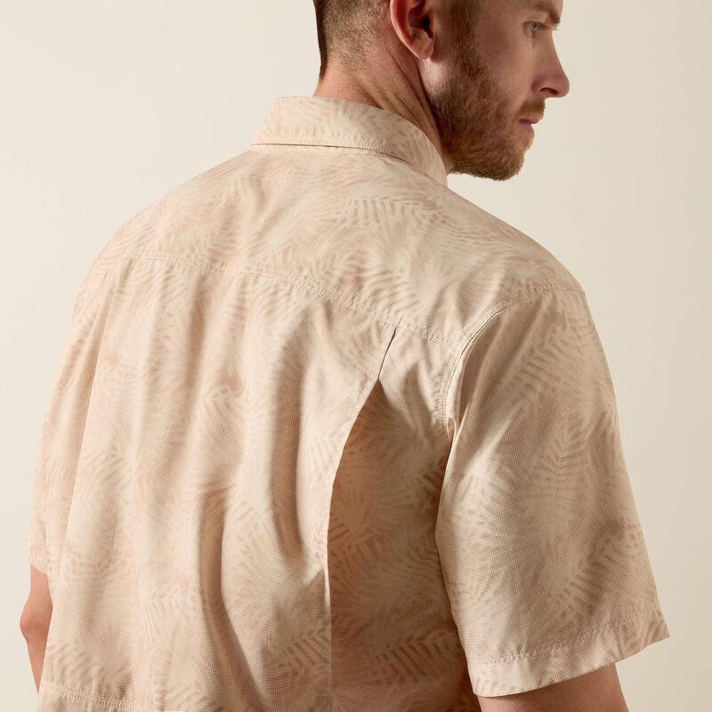 Short sleeve button down beige patterned shirt.
