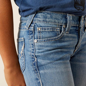 Close-up of blue jeans with a neutral background