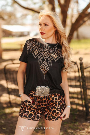 Black Khaki Aztec Printed Short Sleeve Top