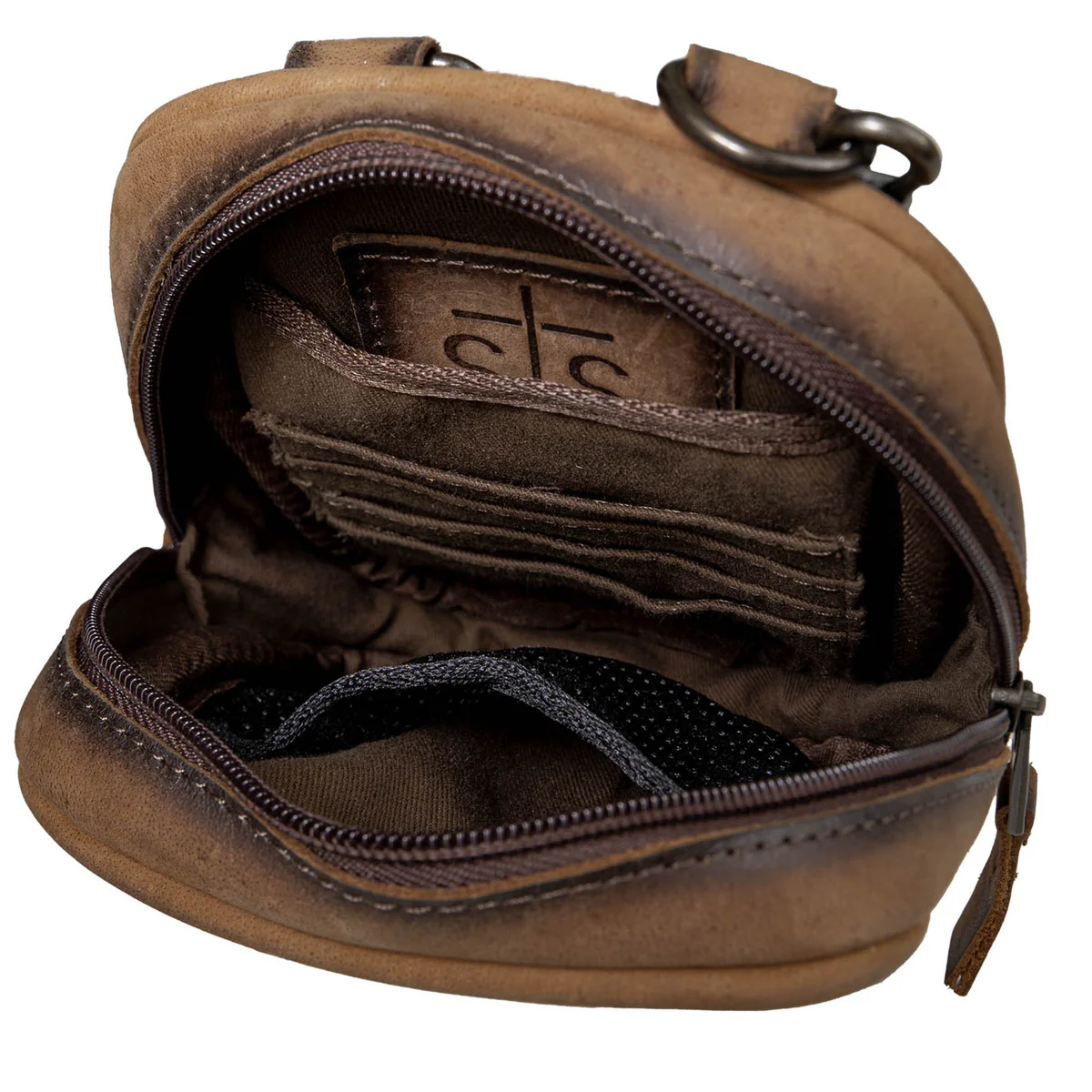 Brown leather pouch with a visible brand logo on a white background