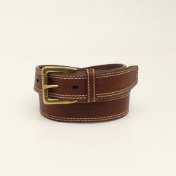 Brown leather belt with brass buckle on a white background