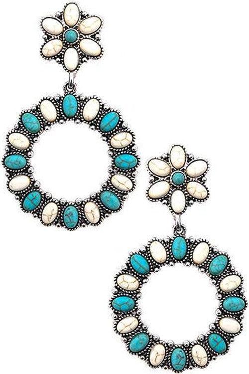 Western Concho Flower Round Gem Stone Earring
