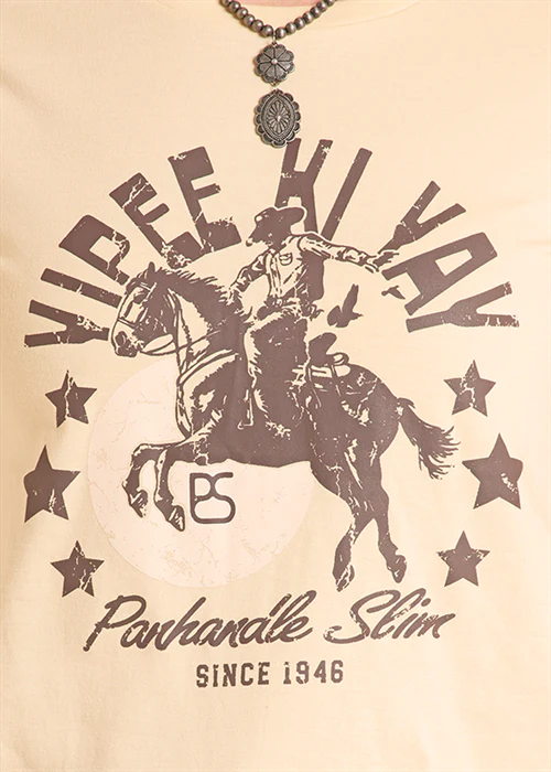 Beige t-shirt with a graphic of a cowboy on a horse and text 'Vivee Hi Yay' and 'Panhandle Slim' on a beige background.