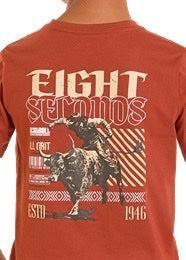 Red t-shirt with 'Eight Seconds' and bull graphic on the back