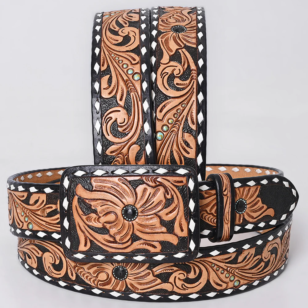 Two-Tone Tooled Leather Belt with Whipstitch Edge and Matching Buckle