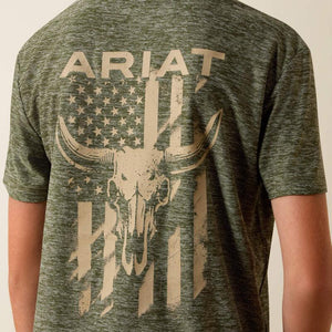 Green t-shirt with 'Ariat' logo and bull skull design on a beige background