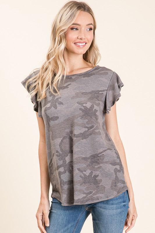 The Camo Ruffle Sleeve Top