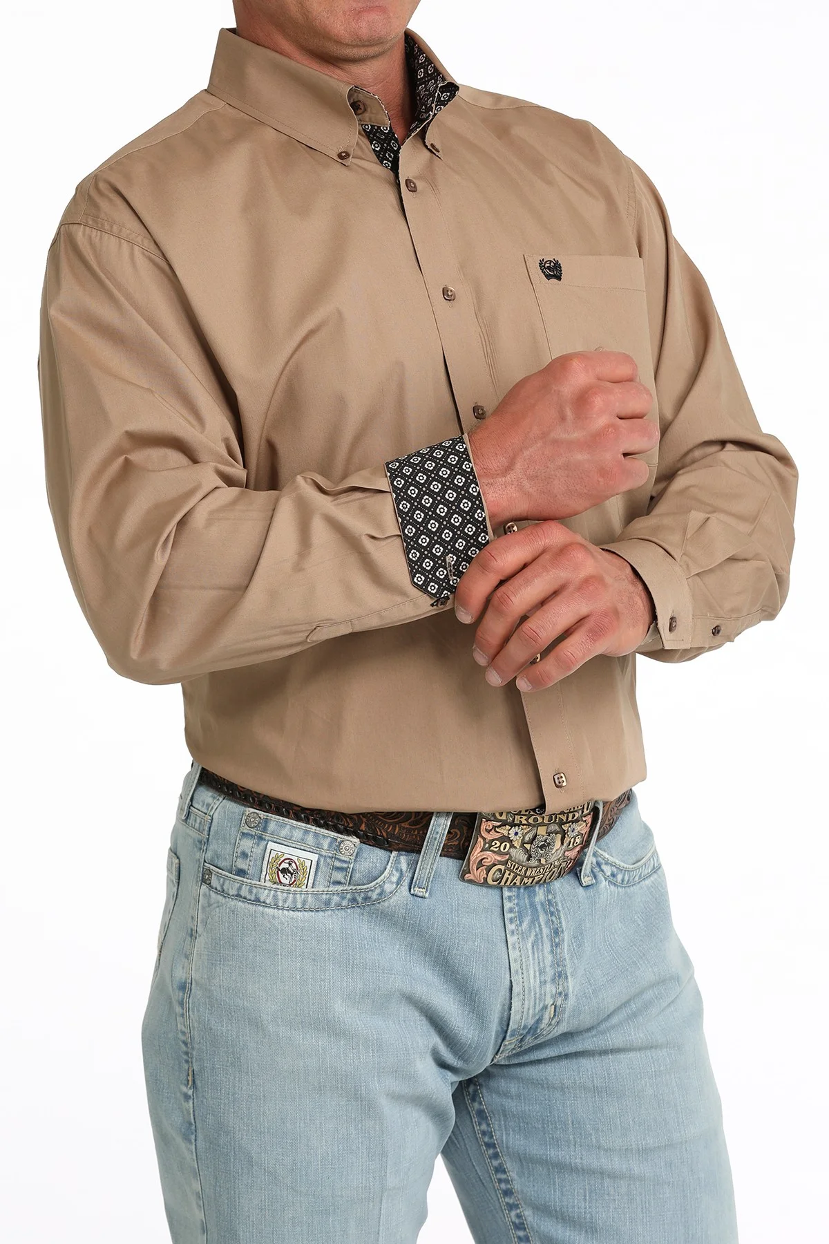 Cinch Men's Long Sleeve Solid Button Down Khaki