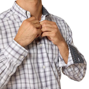 Plaid pattern shirt with black, white, and purple colors 