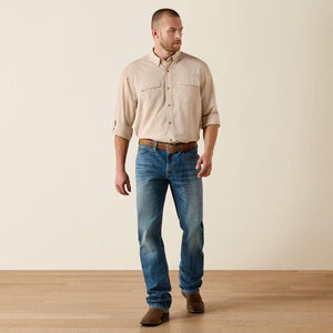 Long sleeve beige btton up shirt.