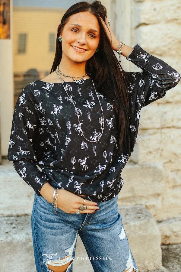 Cactus Cowboy Ribbed Long Sleeve Dolman Top