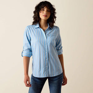 Long sleeve blue striped button up shirt