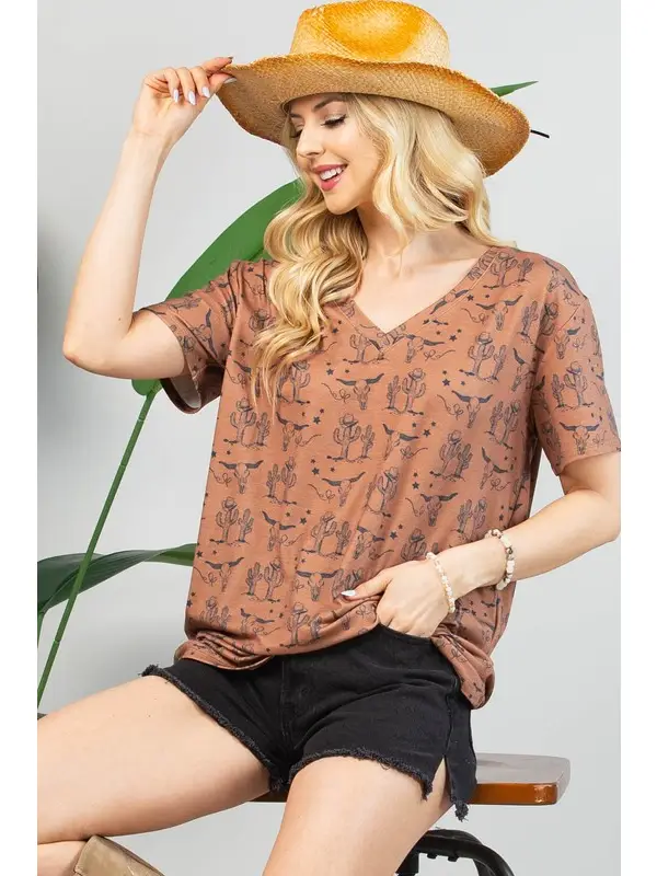 FIONNA Longhorn Print V Neck Tee