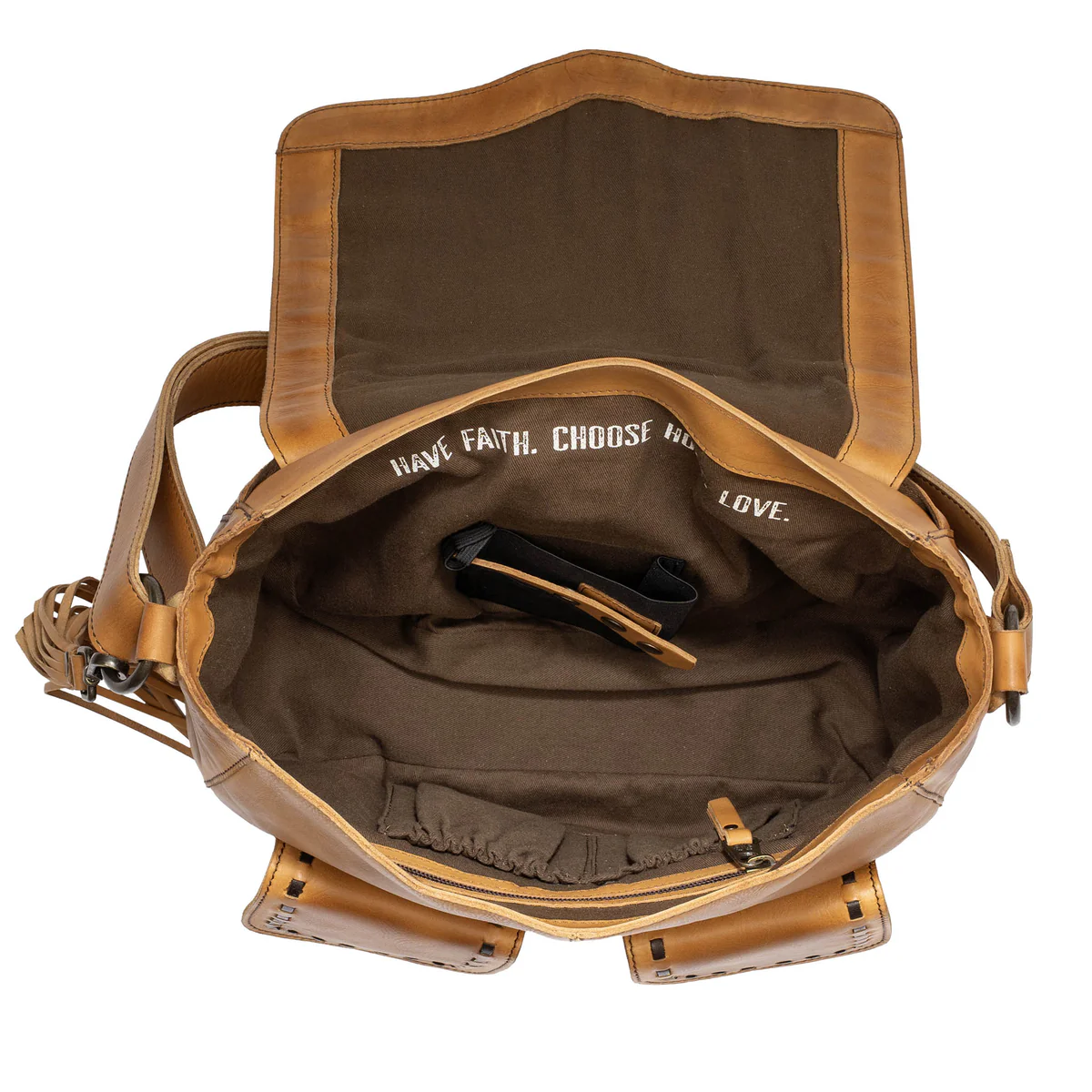 Brown leather bag with visible text inside on a white background