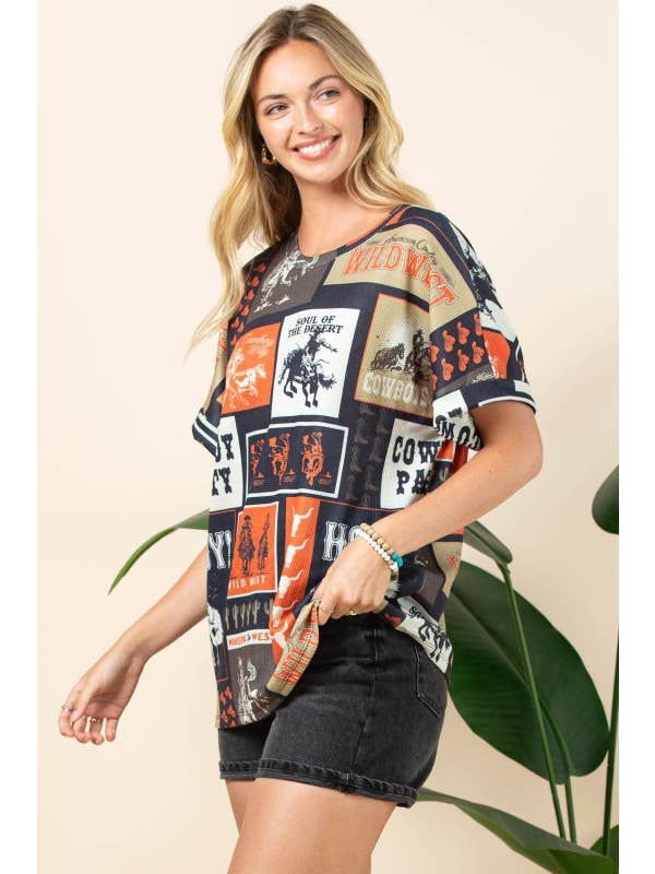 LUCY Western Rodeo Print Folded Sleeve Thermal Tunic