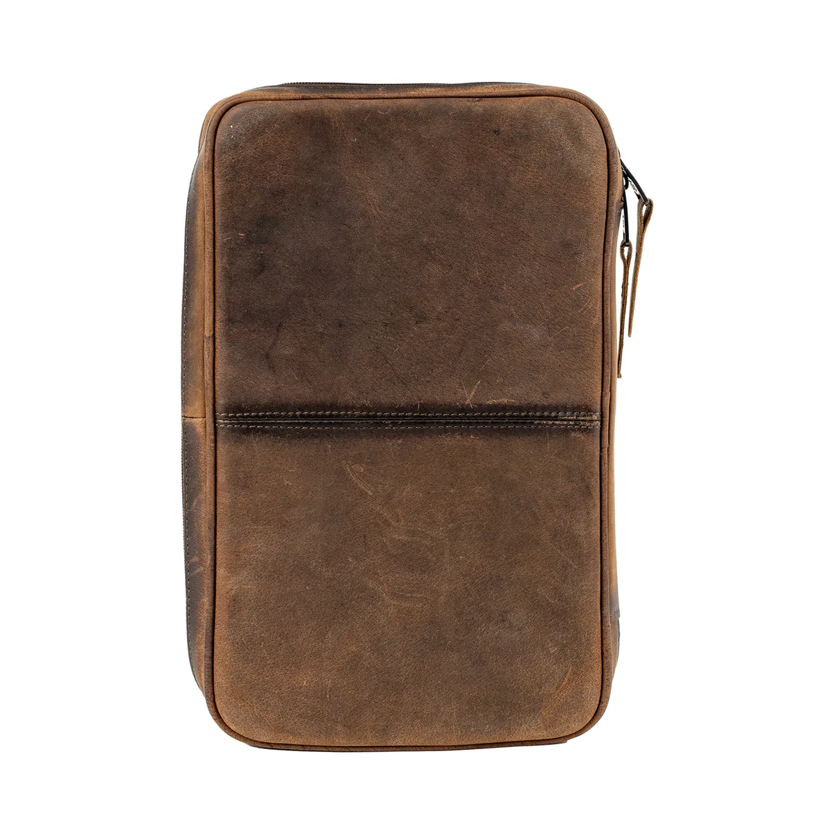A brown distressed leather pouch with a front zipper closure, shown against a plain white background.