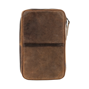 A brown distressed leather pouch with a front zipper closure, shown against a plain white background.