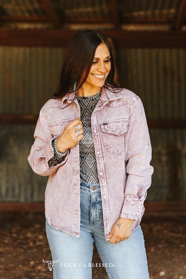 Lavender Mineral Wash Denim Pearl Snap Long Sleeve Shirt