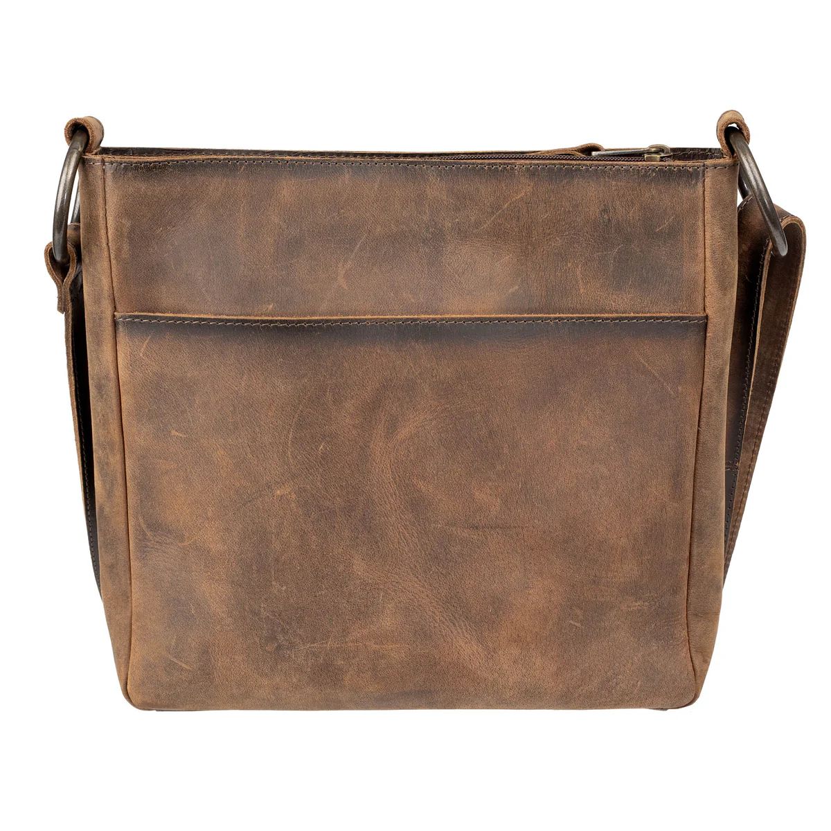 Brown leather shoulder bag on a white background
