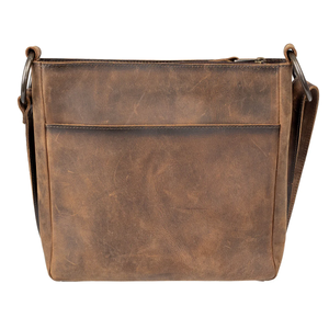 Brown leather shoulder bag on a white background