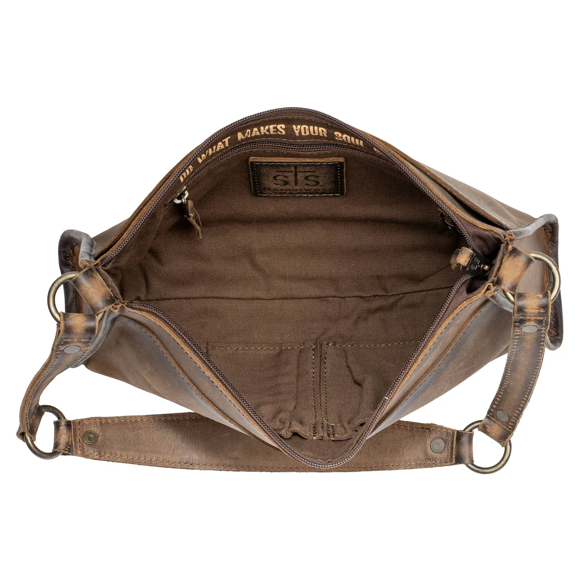 Brown leather bag with visible branding on a white background