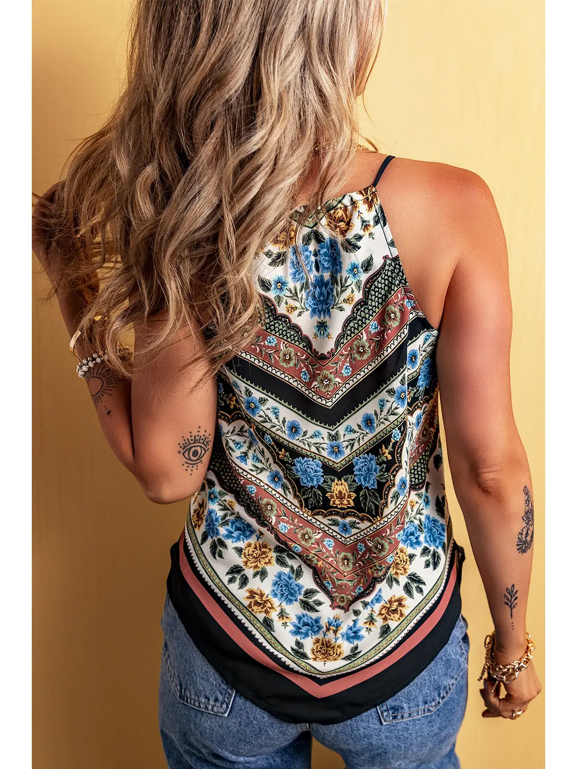 Mixed Floral Chevron Pattern Dip Hem Spaghetti Straps Tank