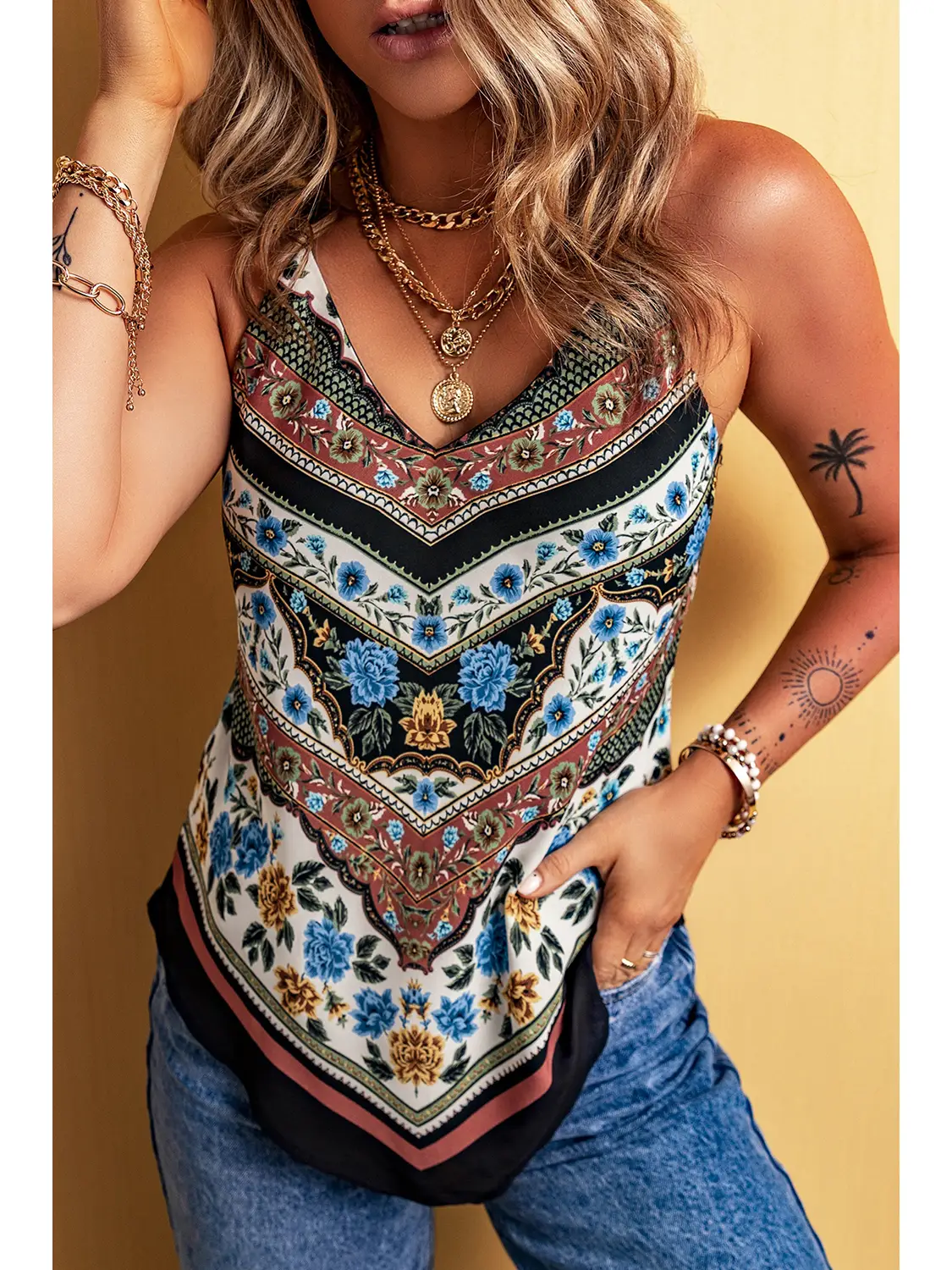 Mixed Floral Chevron Pattern Dip Hem Spaghetti Straps Tank