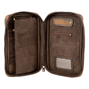 An open brown leather organizer case with multiple interior compartments, card slots, pockets, and a clear ID window, shown on a white background.