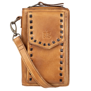 Brown leather wallet with strap on a white background