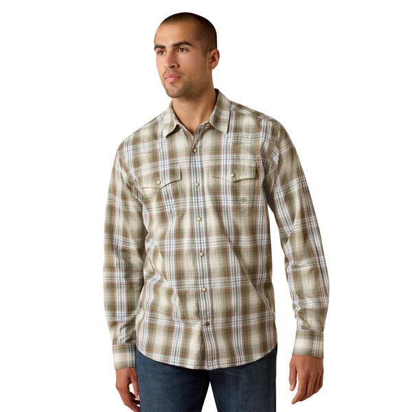 Man wearing a olive green plaid shirt 