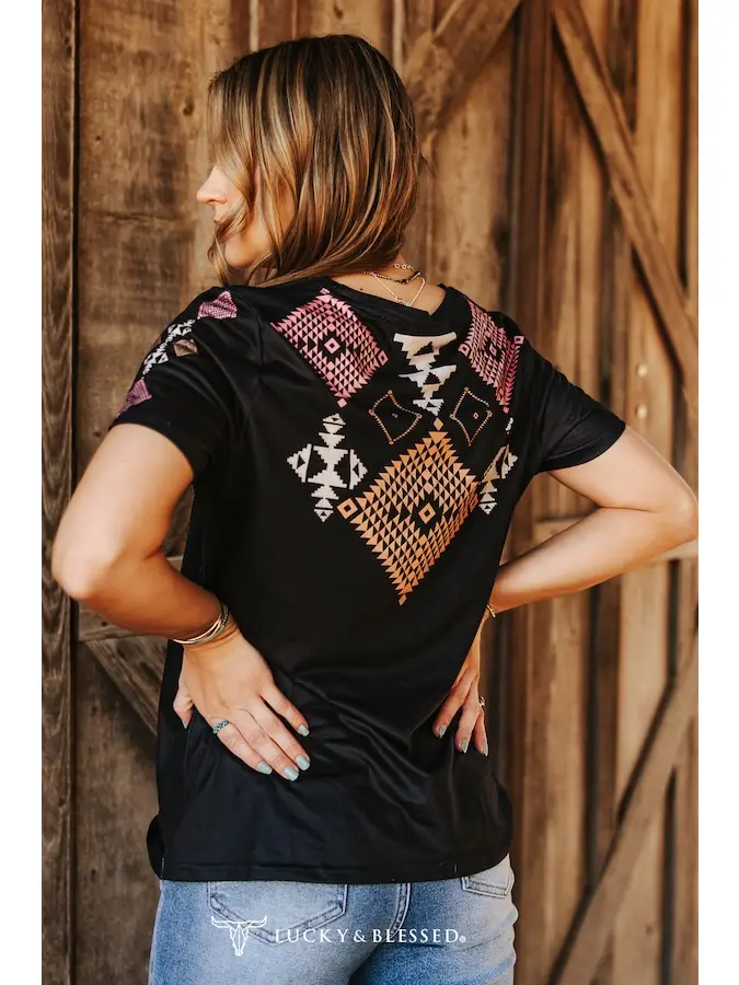 Black Coral Aztec Printed Short Sleeve Top
