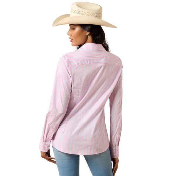 Pink and lavendar striped long sleeve button down shirt