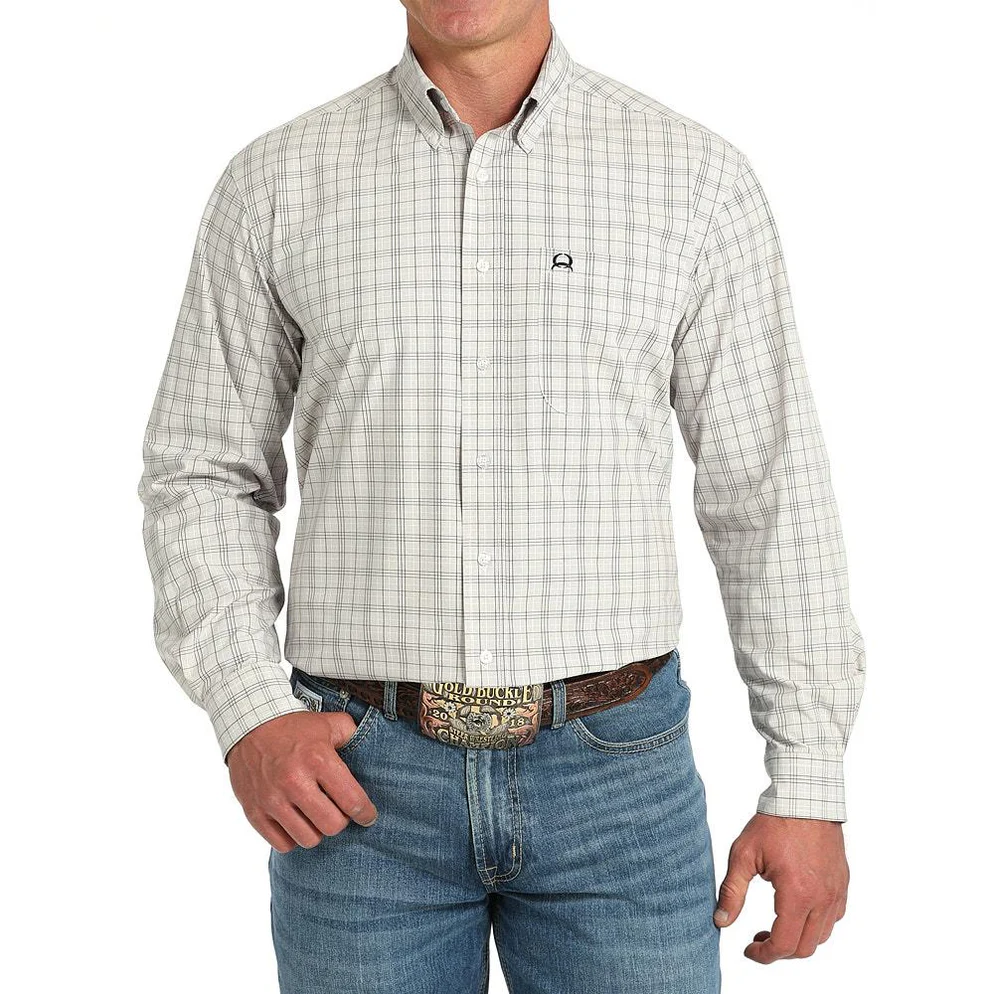 Cinch Men's White Plaid ArenaFlex Long Sleeve Button Shirt