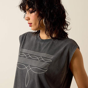 CHARCOAL SLEEVELESS TSHIRT WITH BOOT STITCH DESIGN